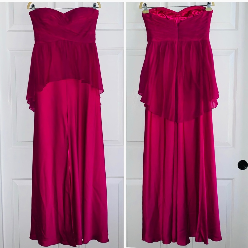 Aiden Maddox Pink Thigh High Slit Silk Peplum Gown
